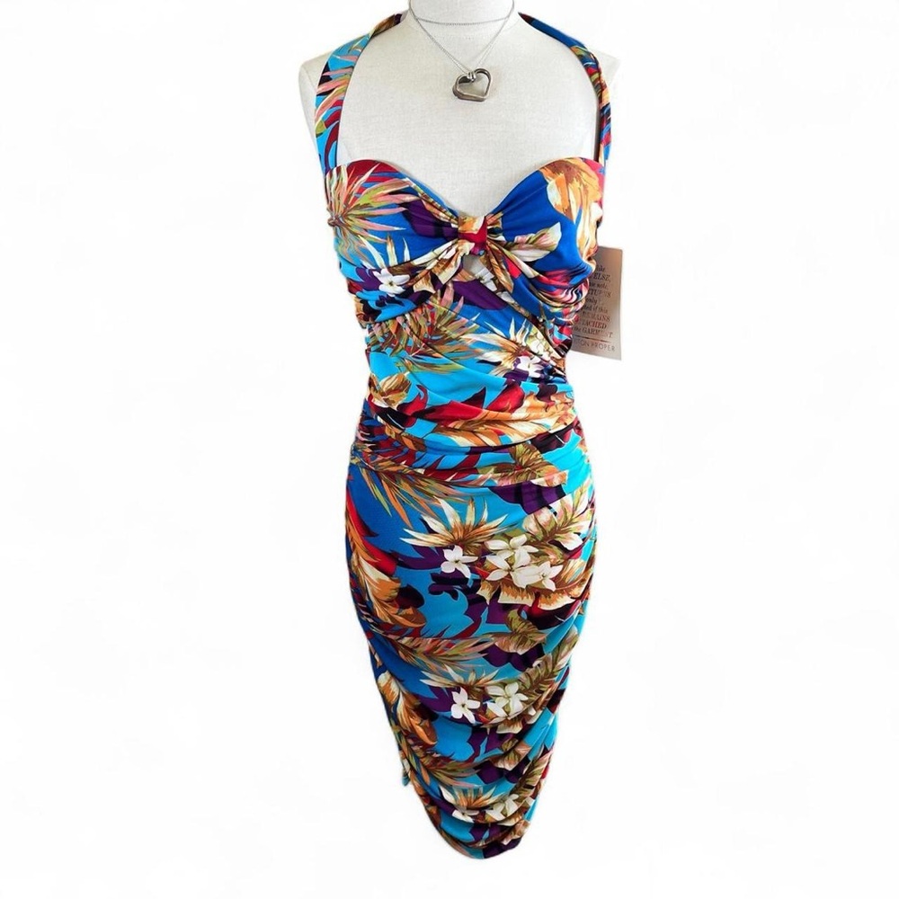 Boston Proper Blue Tropical Print Midi Dress